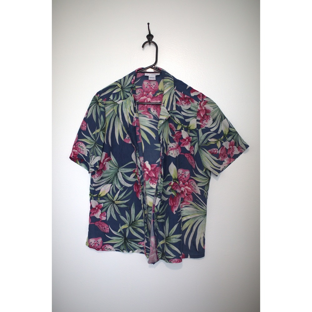 Anna and Frank 100% Silk Tropical Floral Button Down Shirt Navy Pink Large